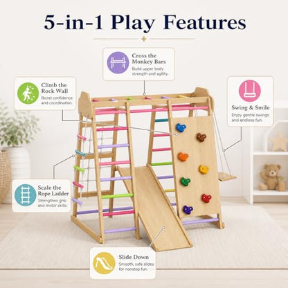 Indoor Playground Jungle Gym Playset, Wooden Pikler Montessori Climber with Slide, Swing, Rope Ladder, Monkey Bars, Climbing Net & Rock Wall, 9-in-1 Toddler Climbing Toy for Kids Indoor Playroom