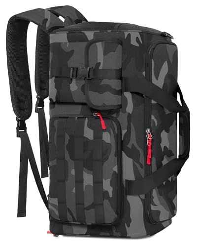 RAINSMORE Gym Bag for Men, 45L Sports Travel Duffel Bag with Shoe & Laptop Compartment, Gym Workout Backpack Carry On Weekender Bag Overnight Backpack for Travel, Black Camo - color: Black Camo