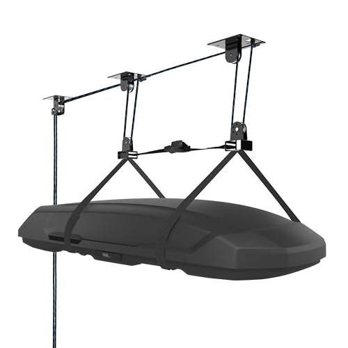 Hikeen Ceiling Hoist for Cargo Box, Heavy Duty Garage Storage Lift Pulley System Holds Up to 150 lbs Capacity, Fits 10-14 Foot Tall Garage Ceilings