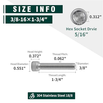 3/8-16 x 1-3/4" Socket Head Cap Screws, 304 Stainless Steel (18-8), Full Thread, Machine Screws for DIY, Machinery, Electronics, 10-Pack - size: 3/8-16 x 1-3/4" FT