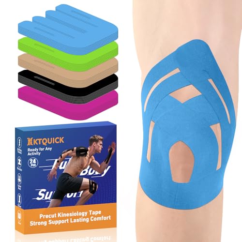 KTQUICK Precut Kinesiology Tape for Knees,24 PCS,20% Stronger Adhesive Blue | Upgraded Designed Knee Tape with Premium Cotton, Breathable, Waterproof, Latex-Free Athletic Tape for Running, Gym & Hiking - color: Blue, size: 24PCS