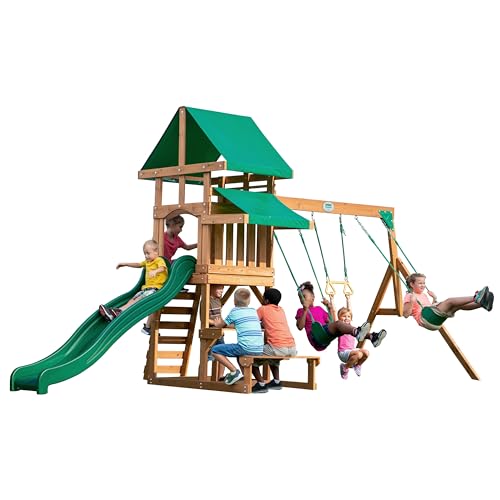 Backyard Discovery Belmont Cedar Wood Swing Set with Wave Slide, Play Deck, Rock Wall Ladder, Snack Bar Window, Shaded Picnic Area, Bench, Belt Swings, Trapeze, Sandbox Area, Canopy, Outdoor Playset - color: Green