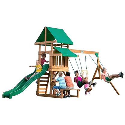 Backyard Discovery Belmont Cedar Wood Swing Set with Wave Slide, Play Deck, Rock Wall Ladder, Snack Bar Window, Shaded Picnic Area, Bench, Belt Swings, Trapeze, Sandbox Area, Canopy, Outdoor Playset - color: Green