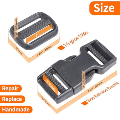 BEYOURD 1 inch Buckles and Strap Set: 10 Yards Polyester Webbing Strapping, 6 Pack Dual Adjustable Side Release Plastic Buckles, 12 PCS Tri-Glide Slider Clips for Backpack Repair, Gray - color: Medium Gray
