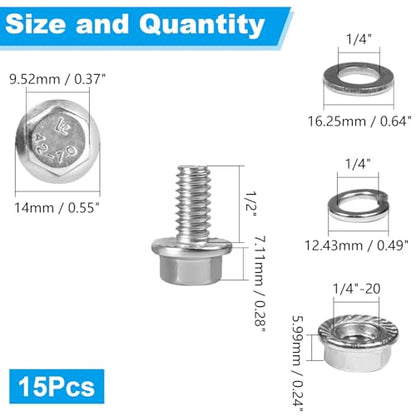 15 Sets 1/4-20 x 1/2" Flanged Hex Head Bolts Kits, 1/4-20 Flange Hexagon Screws and Nuts,Flat & Spring Lock Washers, 304 Stainless Steel 18-8,Fully Threaded - size: 1/4-20 x 1/2"