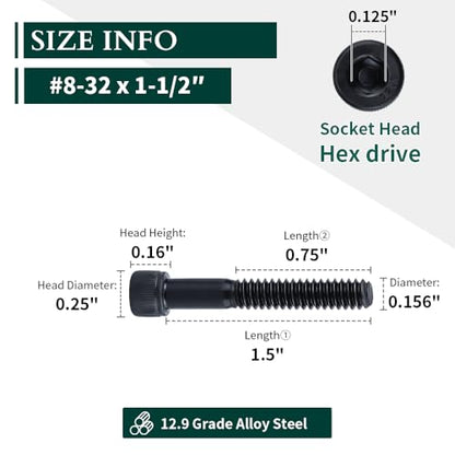 #8-32 x 1-1/2" Socket Head Cap Screws Bolts, 12.9 Grade Alloy Steel, Black Oxide Finish, Allen Hex Drive, Partial Thread, 50-Pack - size: #8-32 x 1-1/2"