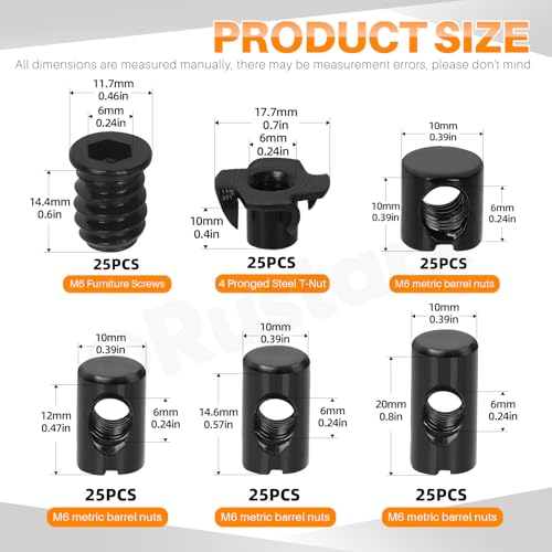 150Pcs M6 Black Zinc Barrel Nuts Four-jaw Tee Nuts and Threaded Insert Assortment Kit Metric Cross Dowels Slotted Nut T Nut Wood Inserts Bolt for Wood Furniture Beds Crib Chairs - style: 145pcs black nuts assortment kit