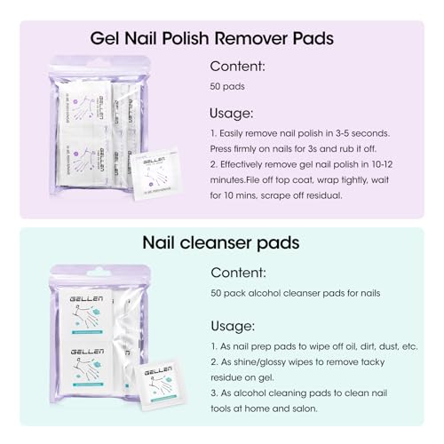 GELLEN Nail Cleanser Pads and Polish Remover Pads 100 Pack, Quick & Easy | Acetone Nail Polish Remover Pads, Alcohol Wipes for Nails Individually Wrapped Travel Set for Perfect Nail Art - size: 100PCS (Remover Pads Included)