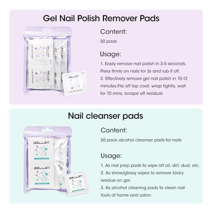 GELLEN Nail Cleanser Pads and Polish Remover Pads 100 Pack, Quick & Easy | Acetone Nail Polish Remover Pads, Alcohol Wipes for Nails Individually Wrapped Travel Set for Perfect Nail Art - size: 100PCS (Remover Pads Included)
