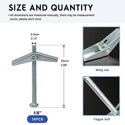 Glarks 30Pcs 1/8'' Zinc Plated Steel Round Head Toggle Bolt and Wing Nut for Hanging Heavy Items on Drywall (1/8'') - size: 1/8''