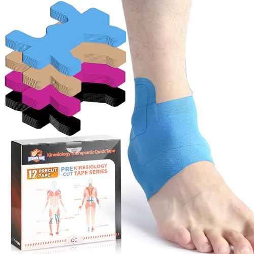 Kinesiology Tape for Ankle, KTQUICK 12 Count Ankle Tape Precut, Original Cotton Waterproof & Breathable, Enhance Elastic Kinesiology Athletic Tape for Ankle Support and Muscle to More Sports - color: Blue