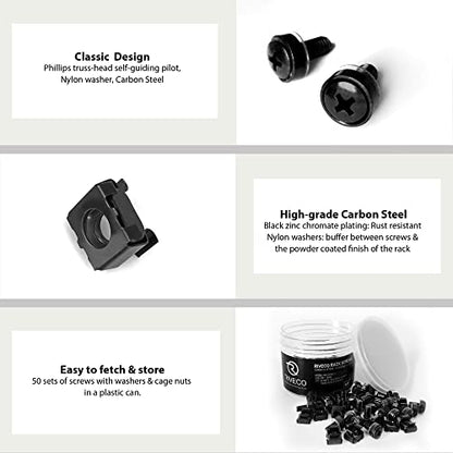 RIVECO Rack Screws & Cage Nuts for Server Cabinets & Racks Mounting Network Equipment Clip Nuts 50 Sets M6 x 16mm Black - size: M6 x 16mm Screws + Cage Nuts (50 Sets)