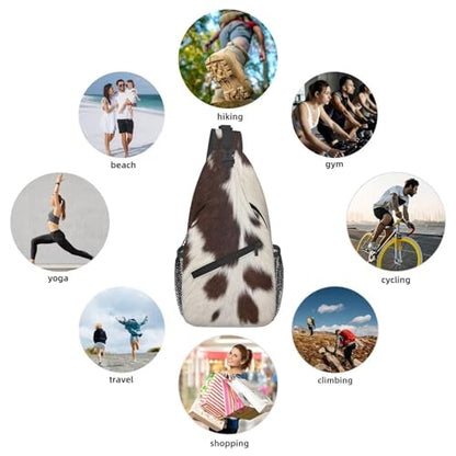 Cow Print Crossbody Sling Bags for Women Men Brown White Cow Fur Texture Animal Skin Print Travel Sling Backpack Casual Chest Shoulder Bag Cute Farmhouse Cowhide Pattern Hiking Daypack - color: White Brown