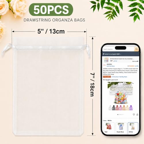 ANZNKU 50PCS Organza Bags 5 x 7, White Small Gift Mesh Bags Drawstring Bulk | Sheer Goodie Pouches for Wedding Candy Party Favors Baby Bridal Shower&Halloween, Jewelry Treats Sachet Soap Makeup Gift Wrap - color: White
