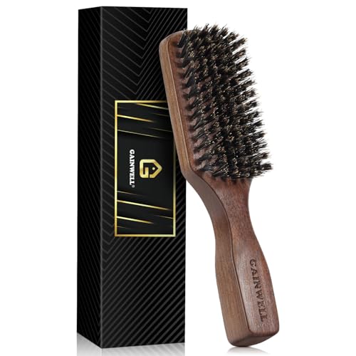 GAINWELL Wild Boar Bristle Hair Brush for Men, Slick Back Hair Brush with Stiff Boar Bristles for Thick Hair, Natural Black Walnut Wooden Handle Hairbrush, Beard Mustache Brush - Large - size: Large