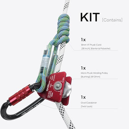 Micro Prusik Minding Pulley 25kN CE UIAA Certified 12mm Single Pulley Mobile Side Plates for Arborist Rigging Climbing Rescue - color: Pulley Kit | Red Pulley, Twist Lock