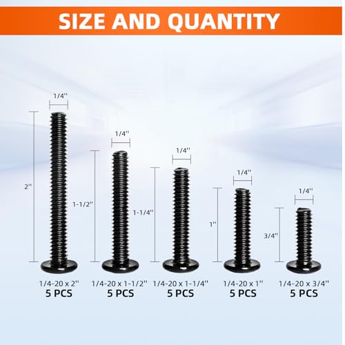 1/4-20 x 3/4", 1", 1-1/4", 1-1/2", 2" Flat Head Socket Head Screw Furniture Bolts Countersunk Connector Screws Assortment Kit, Stainless Steel 18-8 (304), Black Finish, Fully Threaded, 25 PCS - size: 1/4-20 Kit