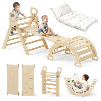 BlueWood Pikler Triangle Set with Cushion, Wooden Climbing Toys for Toddler | Foldable 8-in-1 Montessori Philosophy Toddler Climbing Toys Indoor with Reversible Ramp, Arch and Ladder - Natural Wood - color: Natural Wood