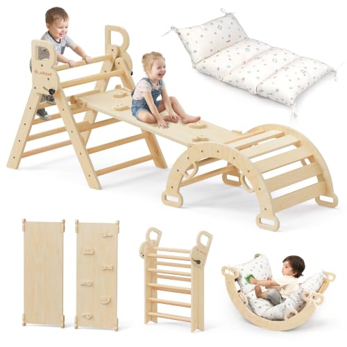 Pikler Triangle Set with Cushion, Wooden Climbing Toys for Toddler | Foldable 8-in-1 Montessori Philosophy Toddler Climbing Toys Indoor with Reversible Ramp, Arch and Ladder - Natural Wood - color: Natural Wood