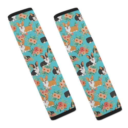 2 Pack Floral Corgi Dog Car Seat Straps Shoulder Pads Soft Padded Shoulder Harness Cover for Adult Use, Stroller Pushchair High Chair, Pressure Relief - color: Pattern 487