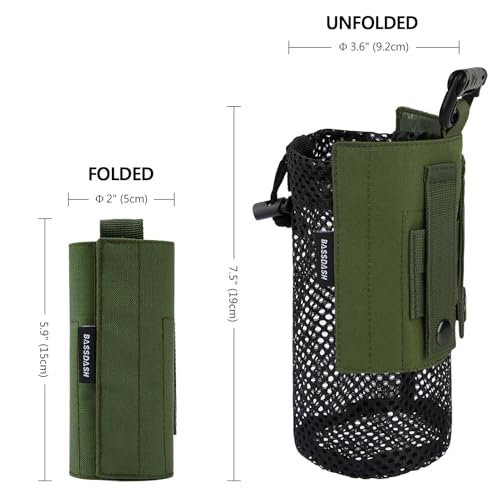 BASSDASH Tactical Molle Water Bottle Pouch with Carabiner Foldable Mesh Holder Bag for Travel Fishing Hunting Hiking Outdoor Activities - color: Army Green with Upgraded Molle Straps