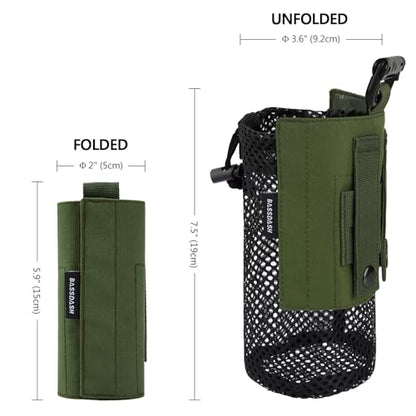 BASSDASH Tactical Molle Water Bottle Pouch with Carabiner Foldable Mesh Holder Bag for Travel Fishing Hunting Hiking Outdoor Activities - color: Army Green with Upgraded Molle Straps