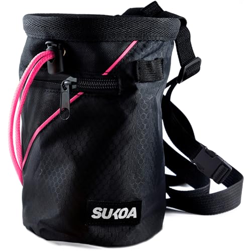 Chalk Bag for Rock Climbing - Rock Climbing Gifts Gear Accessories - Quick-Clip Belt, Large Zippered Pockets & Brush Holder - Weight Lifting, Gym, Bouldering, Disc Golf, Wall, Rock Climbing Chalk Bag - color: Sukoa Pink