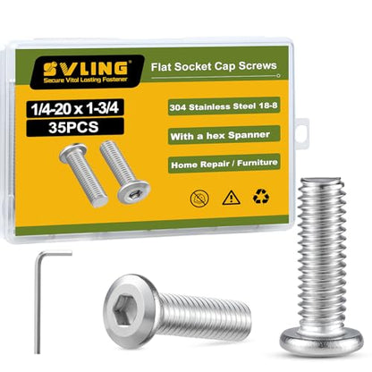 1/4-20 x 1-3/4" Bolt, 35PCS Flat Head Hex Socket Cap Screws Bolts, 304 Stainless Steel 18-8, Fully Threaded, with Hex Spanner - color: Silver, size: 1/4-20 x 1-3/4