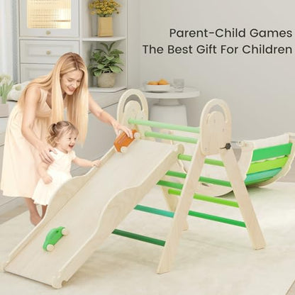 Pikler Triangle Set, Baby Climbing Playset Toys Indoor, Jungle Gyms for Toddlers Ages 1-4, Toddler Climbing Playground with Cushion & Toy Car - color: Green