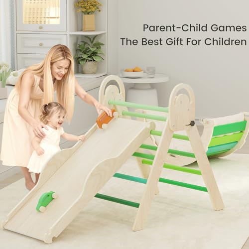 Pikler Triangle Set, Baby Climbing Playset Toys Indoor, Jungle Gyms for Toddlers Ages 1-4, Toddler Climbing Playground with Cushion & Toy Car - color: Green