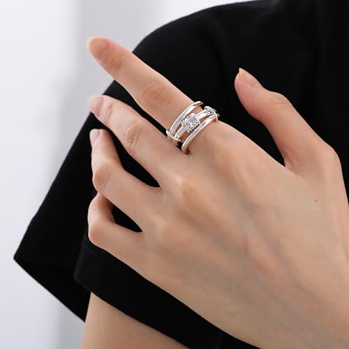 Gold Stackable Rings for Women Non Tarnish, Dainty 14K Gold/Silver Plated Cubic Zirconia Spinelli Ring Chunky Multi Rings Mixed Metals Ring Stack Set Non Tarnish Jewelry - color: Plain-Silver, size: 7
