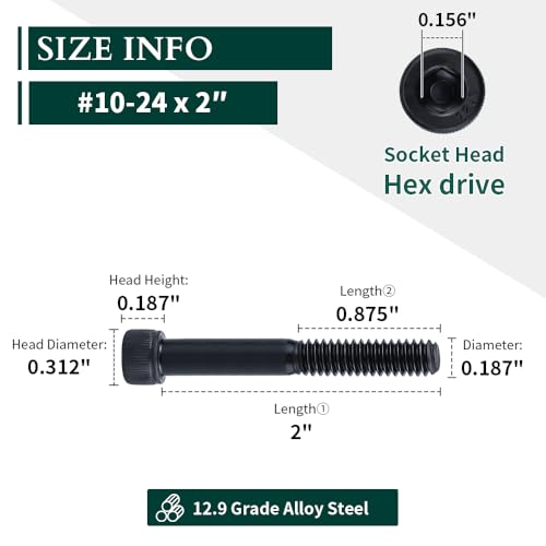#10-24 x 2 Socket Head Cap Screws Bolts, 12.9 Grade Alloy Steel, Black Oxide Finish, Allen Hex Drive, Partial Thread, 50-Pack - size: #10-24 x 2"