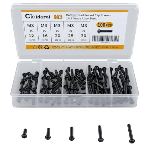 M3 x 12mm 16mm 20mm 25mm 30mm Button Head Socket Cap Screws Bolts, 10.9 Grade Alloy Steel, Metric Allen Hex Drive, Black Oxide Finish, Fully Threaded, Assortment Kit 100Pcs - size: Button Head M3x12, 16, 20, 25, 30mm(100pcs)