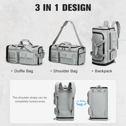 G4Free 3-in-1 Expandable Duffle Bag for Travel Gym, Large Duffel Backpack | 45L to 55L, with Shoes Compartment & Wet Pocket, for Men Women, Grey - color: Grey
