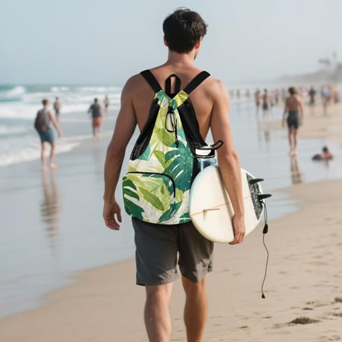 Drawstring Climbing Gym Bag With Pockets Mens Drawstring Bags with Wet Dry Compartments Watercolor Monstera Deliciosa Leaves Green