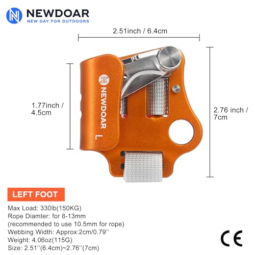 NewDoar Foot Ascender Riser Rock Climbing Mountaineering Equipment Climbing Device - color: Left Orange