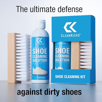 CleanKicks Shoe Cleaning Kit - Footwear Cleaner for Sneakers, Boots, Cleats, and Many Other Shoe Types - (4 Ounce Bottle and Brush). Packaging May Vary Between Green and Blue.