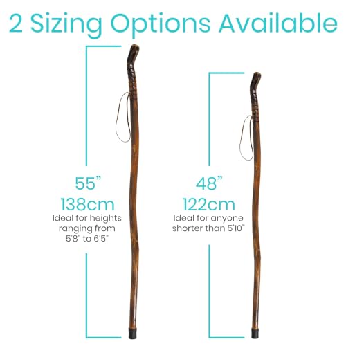 Vive Wooden Walking Stick for Hiking - Balance & Hiking Staff - Wood Walking Stick for Men, Women, Seniors - Strong, Non-Slip Wood Cane for Stability - Handcrafted, Waterproof, Leather Wrist Strap - style: 55 Inches