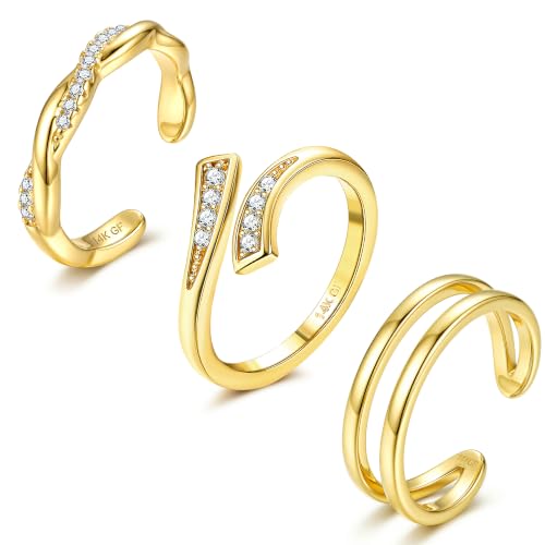FIASASO 3Pcs Gold Filled Toe Rings for Women Non Tarnish 14K Gold Filled Toe Ring Adjustable Flower Cz Dainty Toe Ring Summer Beach Open Toe Rings Set Toe Jewelry Foot Jewelry - color: 14K Gold Filled twist