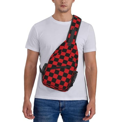 Checkered Crossbody Sling Bag for Women Men Abstract Geometric Pattern Christmas Plaid Sling Backpack Casual Chest Shoulder Bag Checkerboard with Red and Black Squares Sports Hiking Daypack - color: Black Red