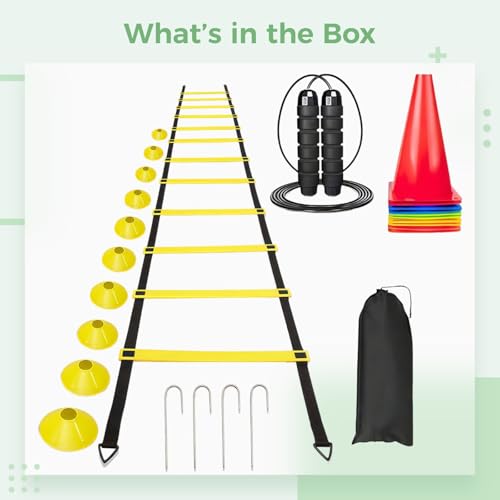 Training Set Ladder Agility, Rung Speed 12 19.7 Ft (6 Meters), with Cones Soccer 10 & Bag Carry, Equipment Training Soccer, Speed, Agility, Drills Coordination