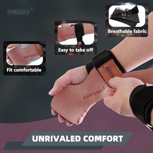 Frelaxy Lifting Wrist Straps for Women and Men, Weight Lifting Grips | Double-layer leather, Cushioned wrist support, Durable construction, Storage pouch, Deadlifts, rows, lat pulldowns - color: Pink/Black