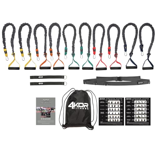 4KOR Cross Anchor Shoulder Performance Training System. Resistance Cords with Handles and Dynamic Workout Guide. Exercise Bands with Nylon Sleeves, Rubber Grips, and Carry Bag for Rehab and Strength - color: Gray (5 Levels)