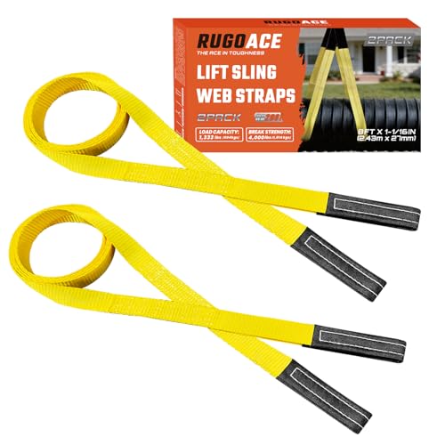 Polyester Lift Sling Web Straps 1 in x 8 ft 4000 lbs WLL 2-Pack, RUGOACE | Reinforced wear guard loop ends for hoist rigging machinery tree saver furniture lifting. 1333 lbs working load limit - style: 2pk 1in x 8ft