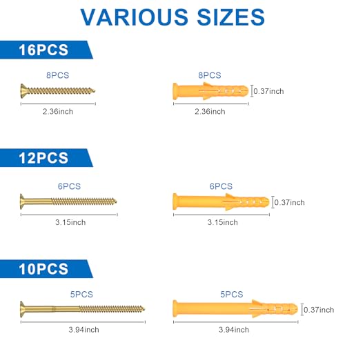 Aovchei Drywall Anchors Kit 38PCS, 19 Plastic Anchors and 19 Philips Flat Head Screws, 3 Size #10 * 60, #10 * 80, #10 * 100, Wall Hanging Kit for Hanging Picture Frame, Shelf Brackets, Curtain Rod - size: #10*60 #10*80 #10*100