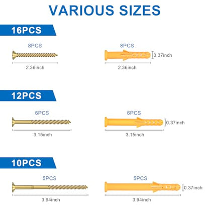 Aovchei Drywall Anchors Kit 38PCS, 19 Plastic Anchors and 19 Philips Flat Head Screws, 3 Size #10 * 60, #10 * 80, #10 * 100, Wall Hanging Kit for Hanging Picture Frame, Shelf Brackets, Curtain Rod - size: #10*60 #10*80 #10*100