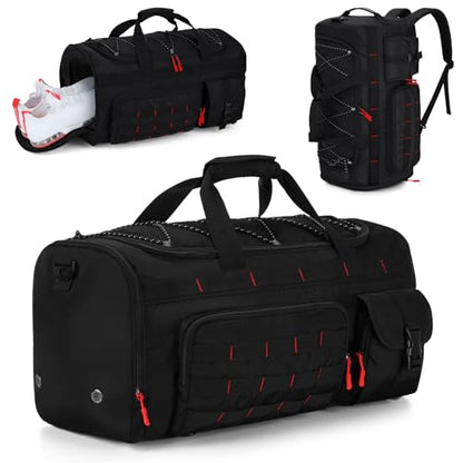 Gonex 45L Tactical Duffel Bag, 3-in-1 Gym & Travel Bag | Shoe compartment, Tactical gear loops, Water-repellent lining, 5 zip pockets, Weekend travel - color: Black with Red Accents, size: 45L