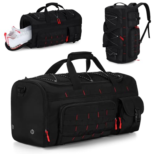 Gonex 45L Tactical Duffel Bag, 3-in-1 Gym & Travel Bag | Shoe compartment, Tactical gear loops, Water-repellent lining, 5 zip pockets, Weekend travel - color: Black with Red Accents, size: 45L