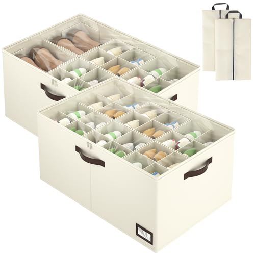 OIAHOMY 2 Pack Shoe Organizer for Closet, Large Foldable Shoe Storage Bins with Dividers and Reinforced Handles, Each Clear Cover Sneaker Box Fits Up to 24 Pairs for Entryway and Bedroom, Beige - color: Beige, size: X-Large