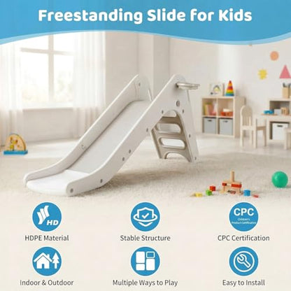 Toddler Indoor Slide, Foldable Baby Climber Playset with Basketball & Hoop | 63 in Extra Long Slope, Non-Slip Steps, Sturdy Plastic, Outdoor Playground for Backyard, Home & Playroom Use, Grey White - color: Grey White